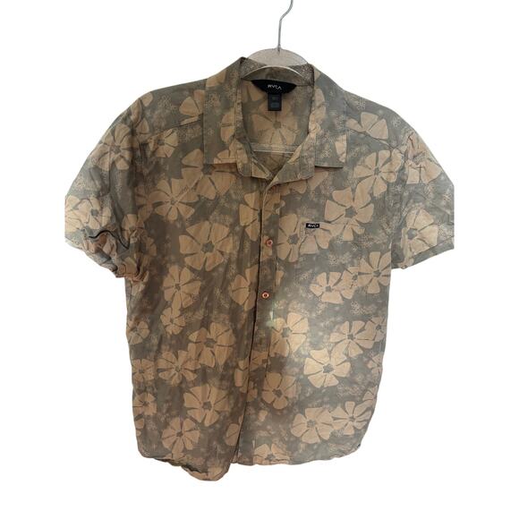 RVCA Floral Button-Up Shirt - Khaki/Green - Men's Large - Short Sleeve - Picture 1 of 3